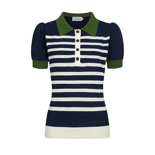 OXKNIT Women's Knit Polo Shirts Short Sleeve, 1960s Mod Style Retro Dark Blue Beige Stripes Tops with Quarter Button