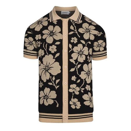 OXKNIT Men's Knit Short Sleeve Shirts Button Down Vintage Florals Plants Pattern Knitted Polo Shirt Black Apricot Polo