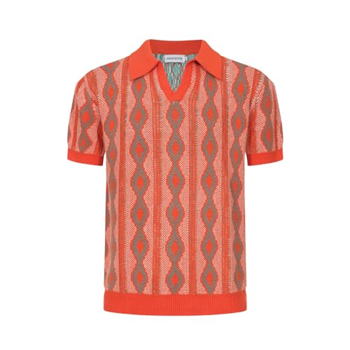OXKNIT Men's Polo Shirts 60s Vintage Shirts Knitted Retro Polo Shirts Short Sleeve V-Neck Summer Shirt Grey-red