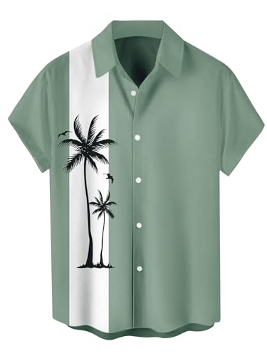 YKR Mens Hawaiian Shirts Short Sleeve Button Down Bowling Shirts Retro Summer Tropical Beach Casual Dress Shirt for Men LightGreen S