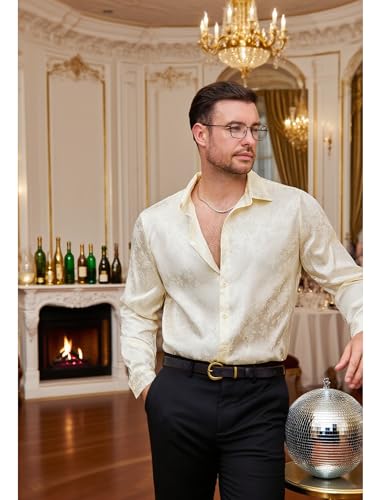 Vssjavun Mens Satin Silk Shirts Long Sleeve Button Up 70s Disco Dress Shirt