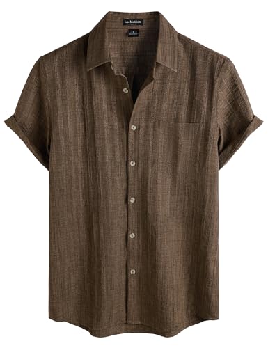 LucMatton Men's Vintage Bohemian Short-Sleeve Button-Down Shirt Casual Regular-Fit Striped Textured Summer Beach Tops Brown XX-Large