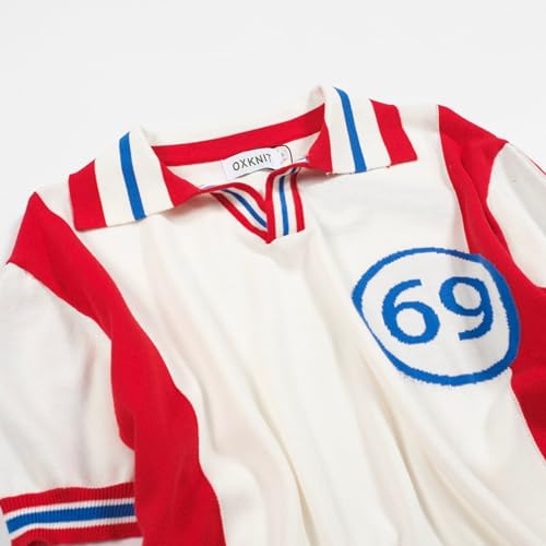 OXKNIT Knitted Poloshirt for Men, 1960s Mod Style Classic Retro Color Matching V-Neck Short Sleeve Summer Shirt White Red