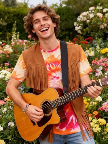 Treature Hippie Costume for Men 60s 70s Outfits for Men Tie Dye Shirt Set Fringe Carnival Vest Wig Tie Dye Headband for party (Orange 7 Pcs set, 2XL)