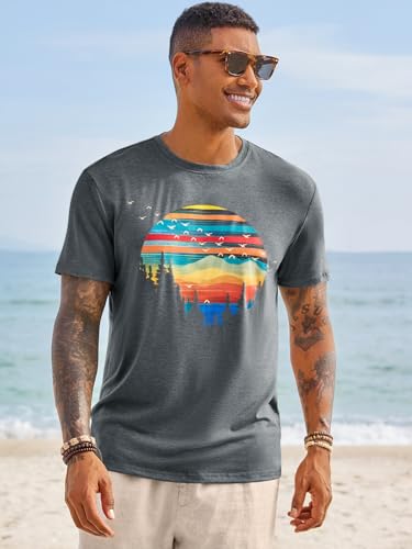 Runcati Mens Short Sleeve T-Shirts Graphic Crewneck Shirt Printed Tees Grey