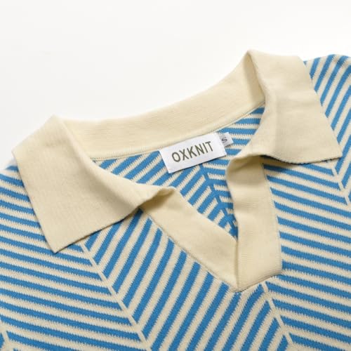 OXKNIT Men's Knit Short Sleeve Shirts 1960s Vintage Blue Stripes Knitted Polo Shirt Beige V-Neck Cotton Polo Knitwear