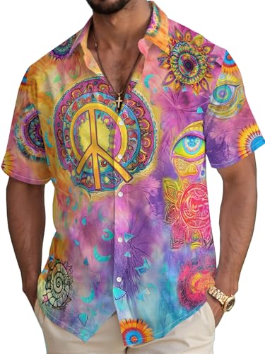 Tie Dye Hippie Shirts for Men Retro Vintage 60s 70s Peace Sign Funny Hawaiian Short Sleeve Button Down Shirts Rainbow
