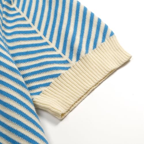 OXKNIT Men's Knit Short Sleeve Shirts 1960s Vintage Blue Stripes Knitted Polo Shirt Beige V-Neck Cotton Polo Knitwear