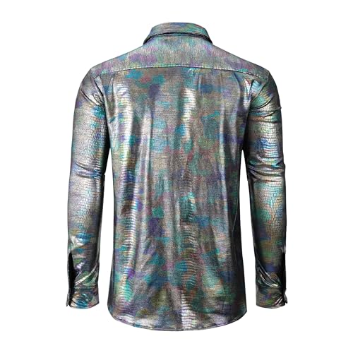 Pixiemain Mens 70s 60s Disco Shirt Metallic Party Costume Long Sleeve Button Down Shirts-A L