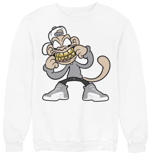 Jordan 12 Stealth Monkey Man Grill Sweatshirt To Match Men's Sneakers, Crewneck Pullover Fleece Top To Match Jordans White