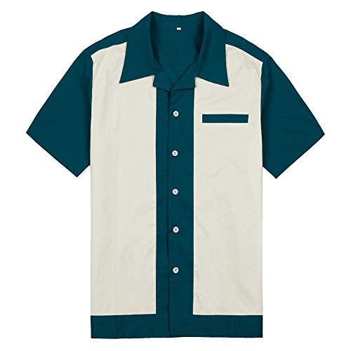 Anchor MSJ Men's 50s Bowling Shirt Mid-Century Retro Shirts(L, Teal)