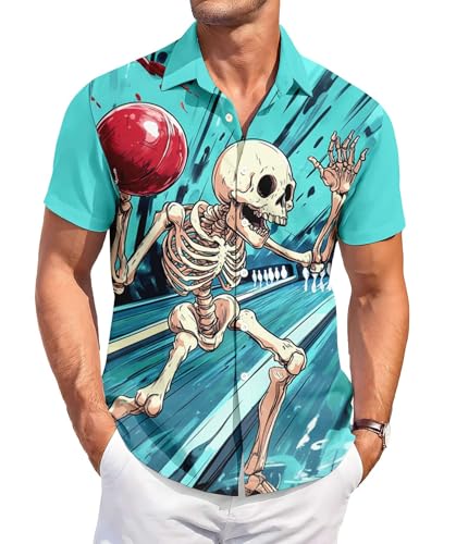 DADDYLOCO Men's Hawaiian Shirt, Skeleton Bowling Print, Short Sleeve Button Down, Light Blue, Polyester, Regular Fit