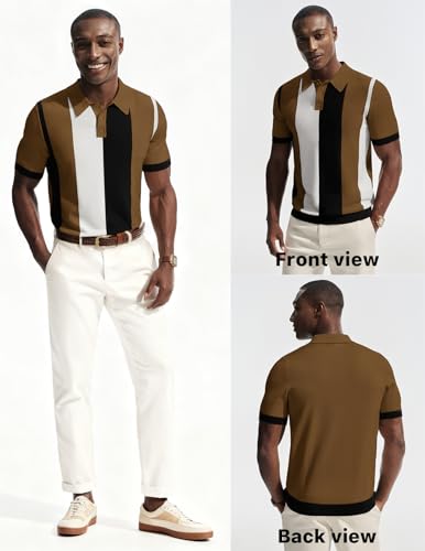 PJ PAUL JONES Mens Vintage Knit Polo Shirts Short Sleeve Textured Stripe Shirt 70s Casual Stylish Polo Coffee XXL
