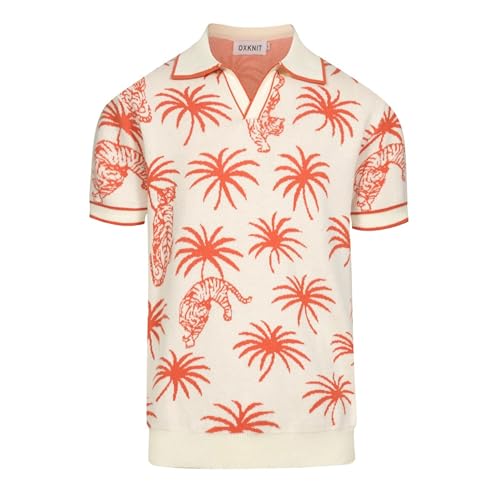 OXKNIT Men's Knit Polo Shirts, Retro Tiger Coconut Trees Pattern Short Sleeves Casual V-Neck Short Shirts, White