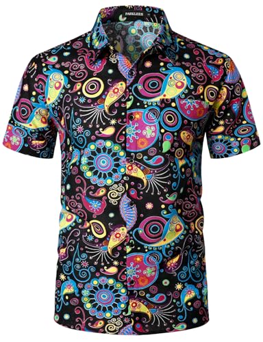 PARKLEES Men's Linen 70s Hippie Style Floral Print Shirt Short Sleeve Button Down Hawaiian Shirts Multicolor Large