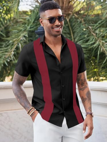 Runcati Mens Vintage Bowling Shirt Short Sleeve Button Down Shirts Casual Summer Beach Tops Burgundy