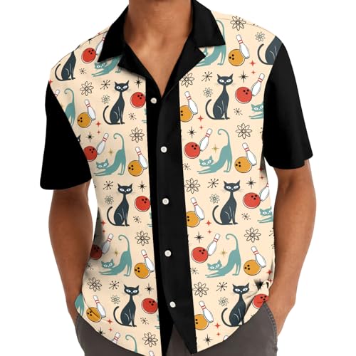 Retro Cat Bowling Vintage-Inspired 80s Hawaiian Shirts for Men 90s Hawaiian Shirts Short Sleeve Button Down Shirt