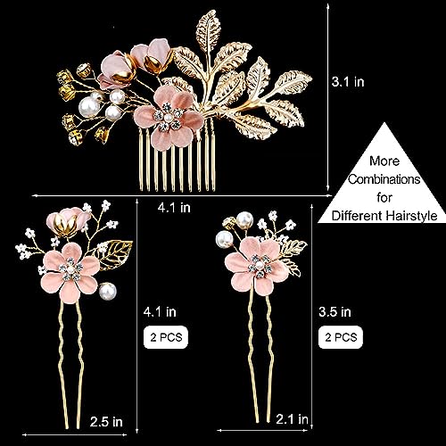 5 PCS Bridal Flower Wedding Hair Pins Crystal Pearl Hair Clips Headpiece Gold Wedding Hair Accessories Jewelry with Rhinestone for Brides Bridesmaids Women Girls Updo(Cherry Blossoms Pink)