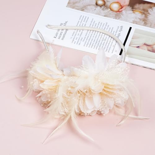Pistha Womens Fascinators Hats Tea Party Hats for Women, Feather Pearl Veil Headband for Wedding Cocktail Dresses Accessories