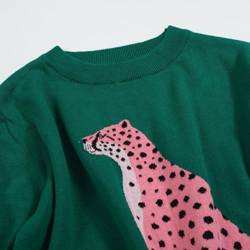 OXKNIT Women's Green Knitted T-Shirt, Retro Animal Pattern Crewneck Cotton Short Sleeve- Cropped Length