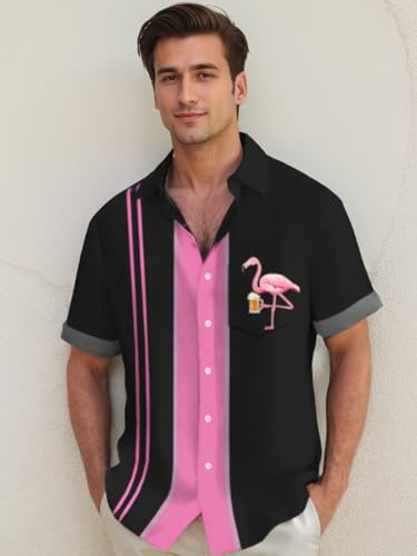 Royaura Hawaiian Shirt for Men,Printed Summer Beach Vintage Bowling Button Down Short Sleeves Casual Shirts Black Pink