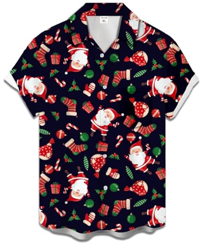 Gwnnb Christmas Bowling Shirts for Men Short Sleeve Regular Fit Retro Casual Button Down Holiday Hawaiian Shirts