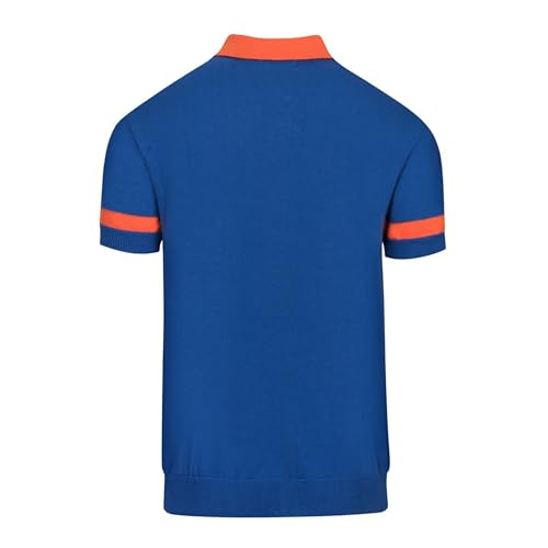 OXKNIT Men's Knit Short Sleeve Shirts Vintage Tiger Pattern Knitted Polo Shirt Blue Cotton Polo with Zipper and Pocket