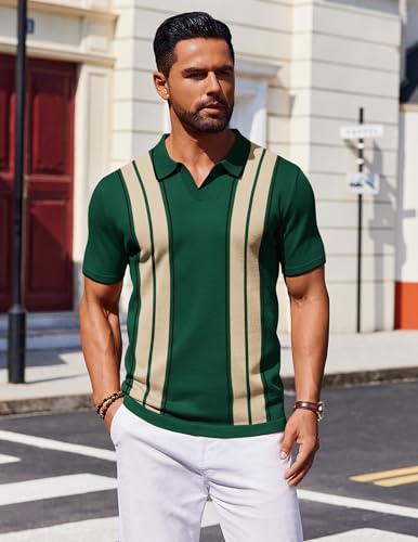 COOFANDY Mens Polo Shirts Striped Vintage Knit Polo Shirt Short Sleeve Old Money Clothes Retro Golf T Shirts