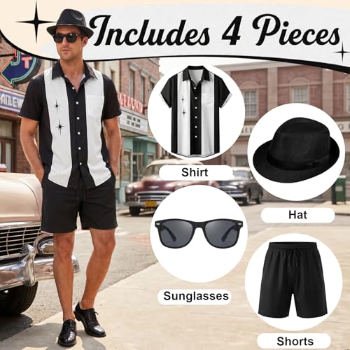 WILDPARTY Men's Matching Set, 1950s Retro Bowling Shirt and Shorts With Hat Glasses Vacation Beach Party Outfit Summer