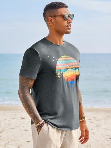 Runcati Mens Short Sleeve T-Shirts Graphic Crewneck Shirt Printed Tees Grey
