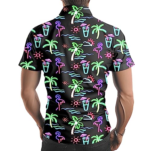 Stazary Mens Neon Flamingo Shirt for Men,80s Mens Disco Shirt Neon Men Button Up Shirts,Hawaiian Shirt Beach Shirts for Men