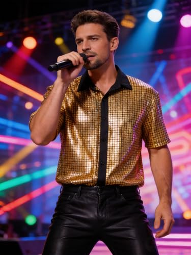 EFOWAY Men Sequin 70s Disco Shirt, Metallic Short Sleeve Button Down Shirts