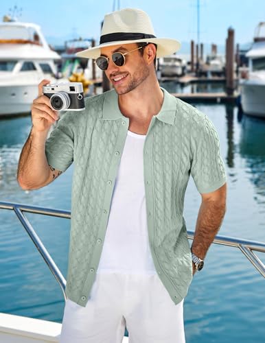 COOFANDY Casual Mens Woven Knit Shirt Short Sleeve Retro 70S Polo Shirts