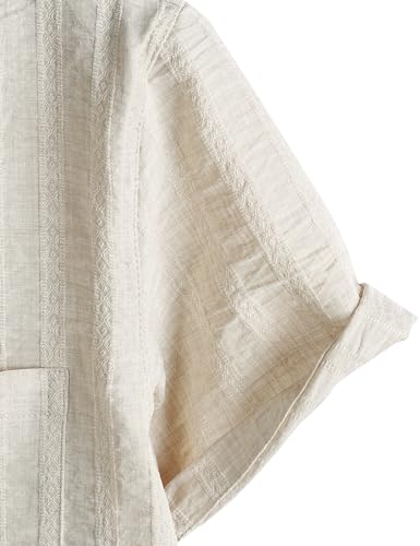 LucMatton Men's Vintage Bohemian Short-Sleeve Button-Down Shirt Casual Regular-Fit Striped Textured Summer Beach Tops Beige Large