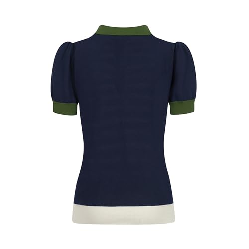 OXKNIT Women's Knit Polo Shirts Short Sleeve, 1960s Mod Style Retro Dark Blue Beige Stripes Tops with Quarter Button