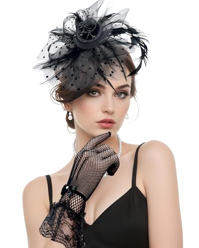 Bnsikun 50s Fascinators Hat Set for Women Tea Party Headwear Lace Bowknot Gloves Pearl Jewelry Set Wedding Cocktail (Black)
