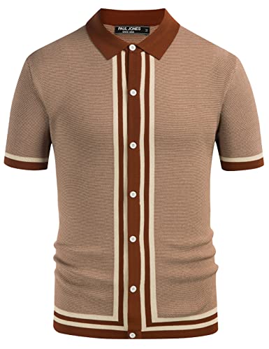 Mens's Vintage 90s Retro Stripes Polo Shirts Button Down Knit Shirts Caramel XL