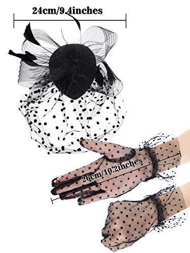 SATINIOR 50s Black Fascinators Hats for Women, Funeral Veil Polka Dot Hat Pillbox Cocktail Tea Party Headpiece and Lace Glove