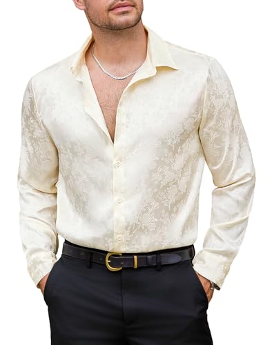 Vssjavun Mens Satin Silk Shirts Long Sleeve Button Up 70s Disco Dress Shirt