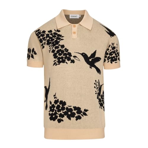 OXKNIT Men's Knit Short Sleeve Shirts 1960s Vintage Bird and Plant Pattern Khaki Cotton Polo Shirt with Quarter Button