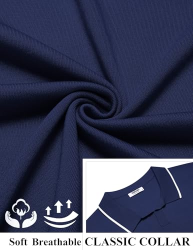 COOFANDY Mens Collared Shirts Short Sleeve Polo Shirts for Men Basic Fashion Retro 70S Shirt Navy Blue