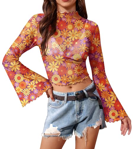 Women's Halloween Bell Sleeve Hippie 60s 70s Mock Neck Shirt Boho Party Retro Crop Top Renaissance S