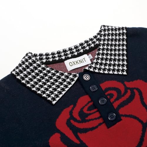 OXKNIT Men's Knit Short Sleeve Shirts 1960s Vintage Floral Pattern Dark Blue Cotton Polo Shirt with Quarter Button
