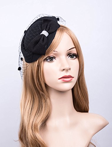 Fascinators Hats 20s 50s Hat Pillbox Hat Cocktail Tea Party Headwear with Veil for Girls and Women(C-Black)