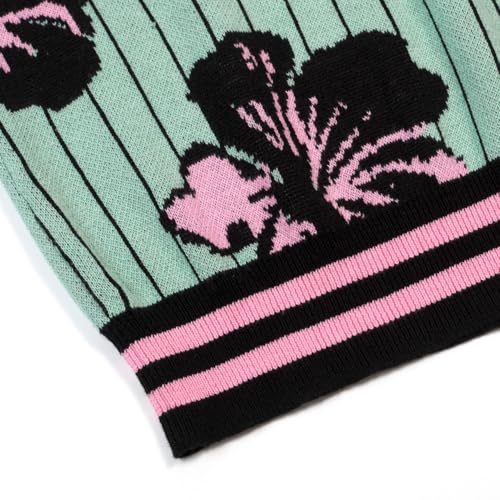 OXKNIT Men's Knit Short Sleeve Shirts Retro Pink Floral Pattern and Stripes Green Cotton Polo Shirt with Quarter Button