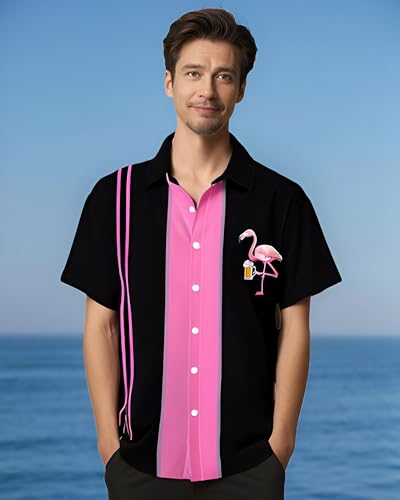 Bowling Shirts for Men Vintage Flamingo Beer Print Short Sleeve Casual Button Down Beach Shirts