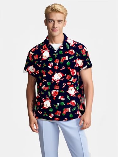 Gwnnb Christmas Bowling Shirts for Men Short Sleeve Regular Fit Retro Casual Button Down Holiday Hawaiian Shirts