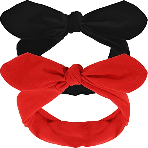Hicarer 2 Pcs Bandana Headband for Women Retro Cute Cotton Wide Headwrap with Bows Vintage Halloween Christmas Custome Accessories Adjustable Rabbit Ear Bow Hairband for Women(Red and Black)