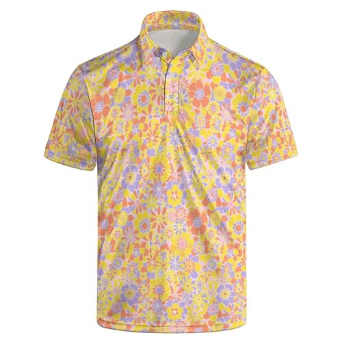 70s Flowers Polo Shirt for Men 70s Golf Shirts Short Sleeve Golf Polos Shirts Retro Floral Shirt 2XL