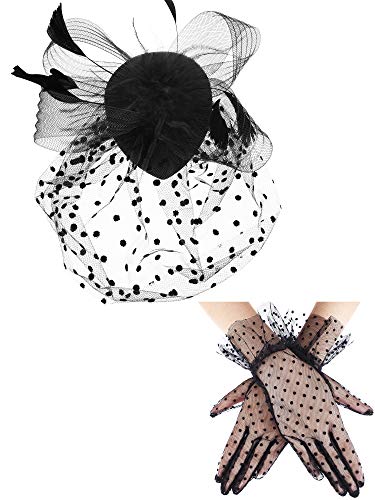 SATINIOR 50s Black Fascinators Hats for Women, Funeral Veil Polka Dot Hat Pillbox Cocktail Tea Party Headpiece and Lace Glove
